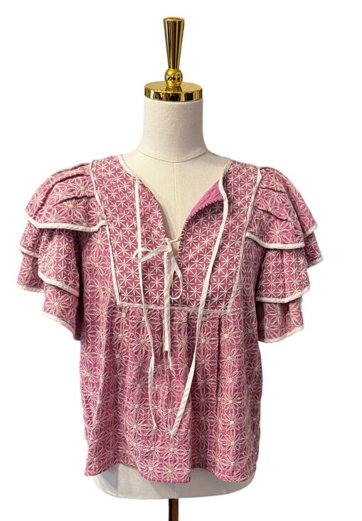 Marie Oliver Tops - Marie Oliver Dusty Rose Embroidered Cotton Blouse Ruffle Sleeve Boho Medium